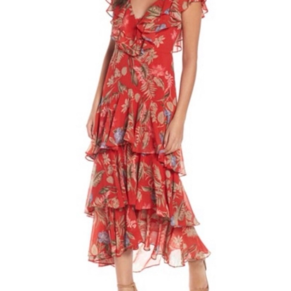 Wayf Red Floral Ruffle Tiered Midi Dress